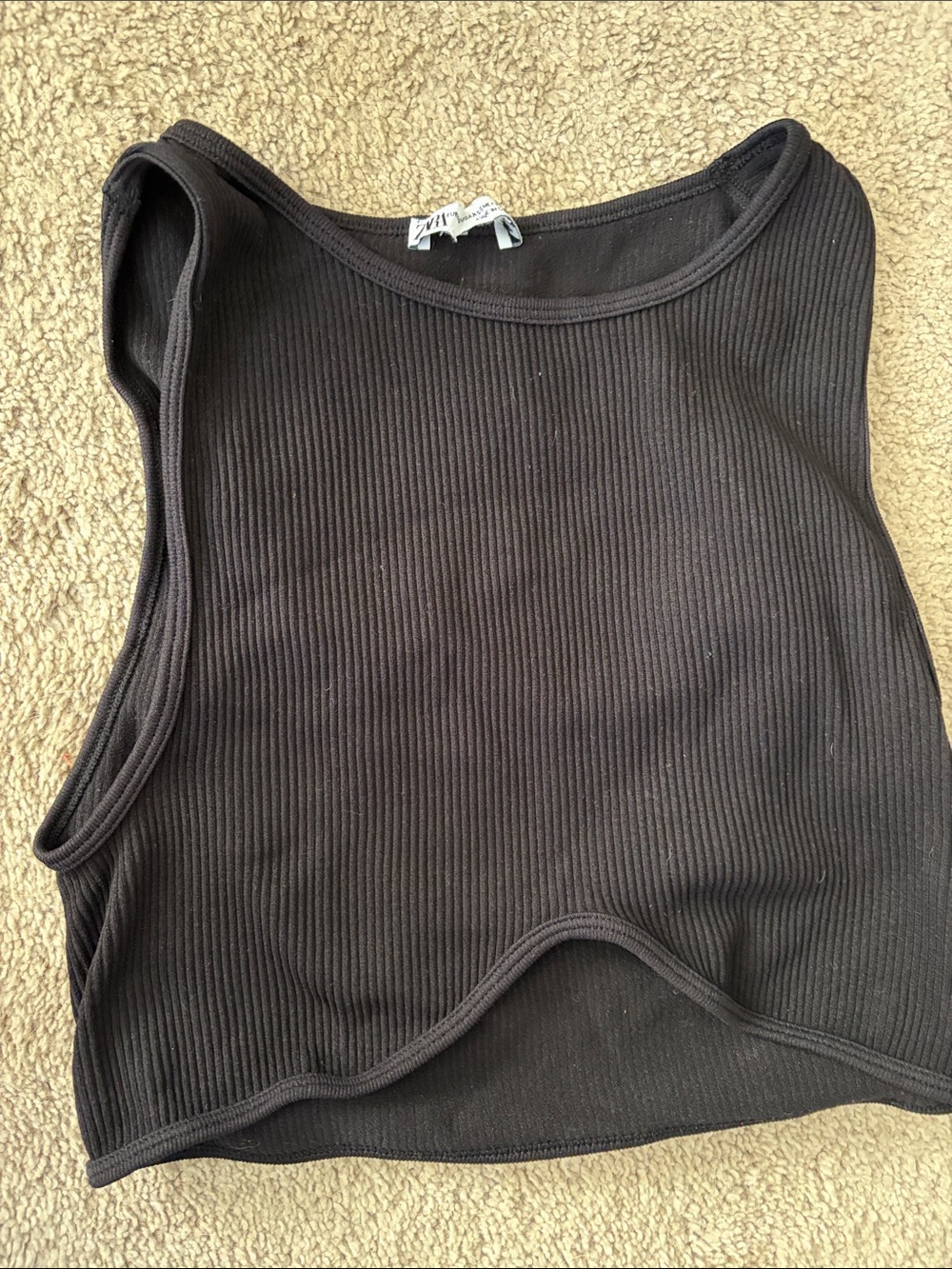 Zara Black Ribbed Crop Tank with Curved Hemline